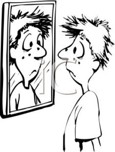 0511-0902-0418-3909_Black_and_White_Cartoon_of_a_Kid_Looking_at_His_Pimples_in_a_Mirror_clipart_image